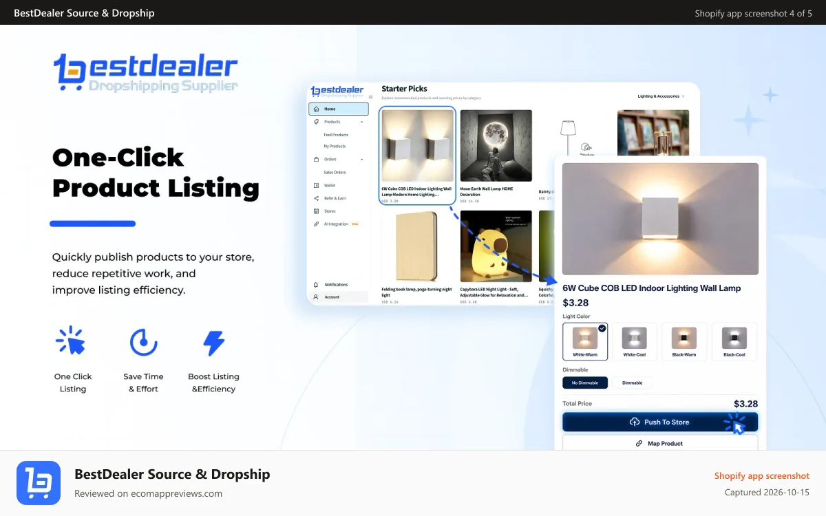 BestDealer Source & Dropship Shopify app screenshot: One-click listing