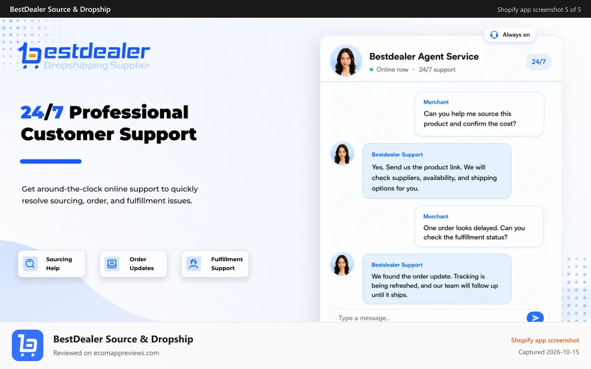 BestDealer Source & Dropship Shopify app screenshot: 24/7 Service