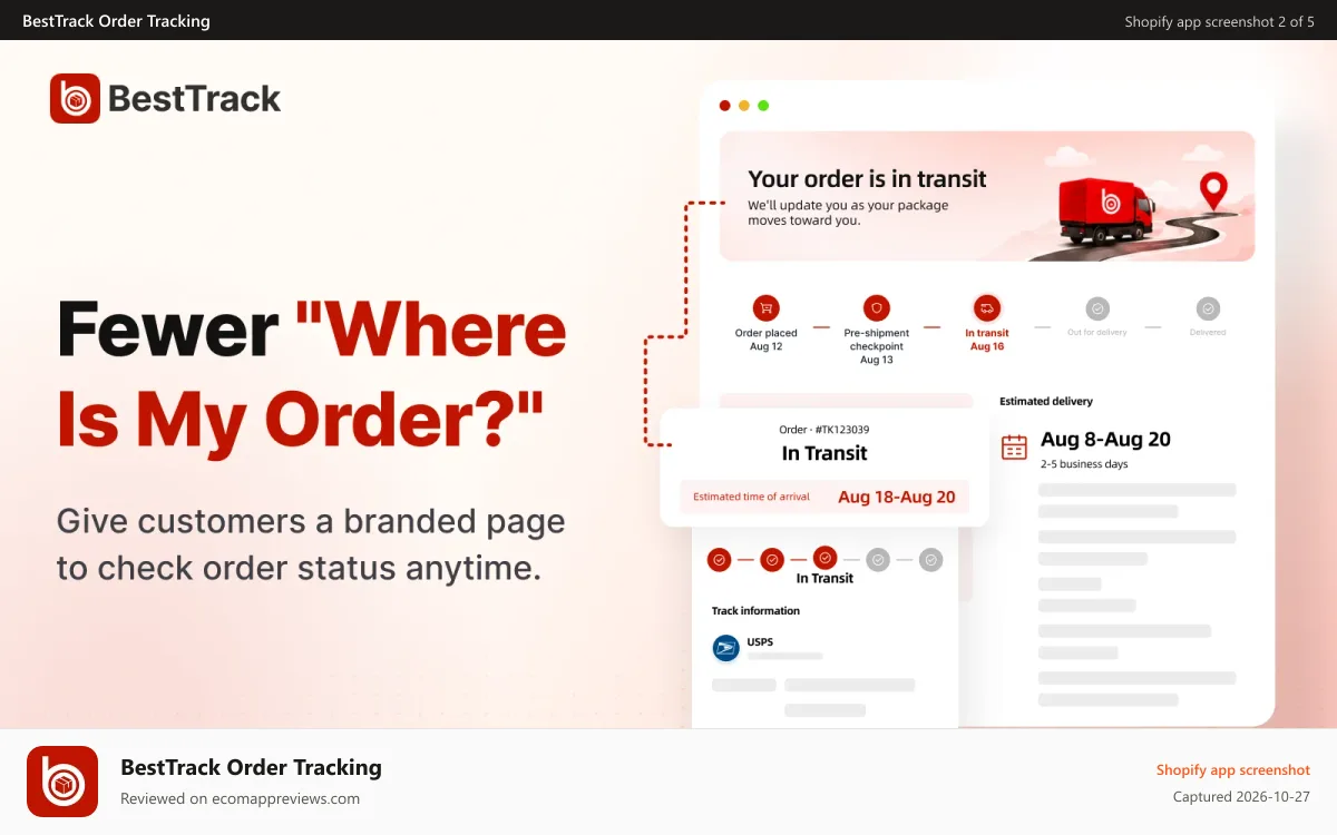 BestTrack Order Tracking Shopify app screenshot: Fewer “Where Is My Order?” questions