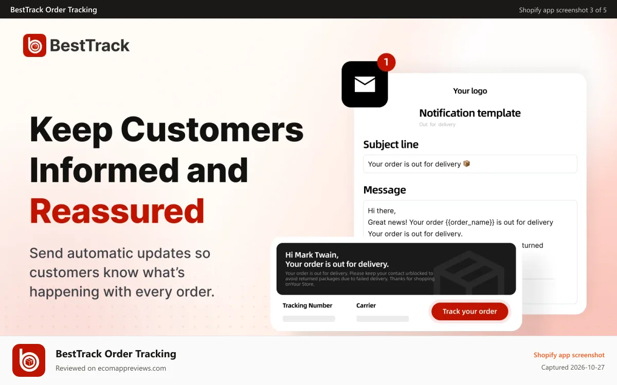 BestTrack Order Tracking Shopify app screenshot: Automatic notifications keep customers informed