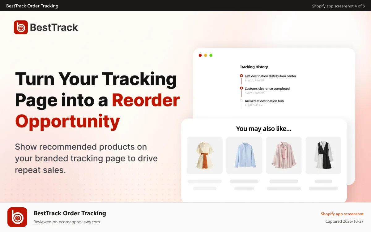 BestTrack Order Tracking Shopify app screenshot: Turn tracking visits into reorder opportunities