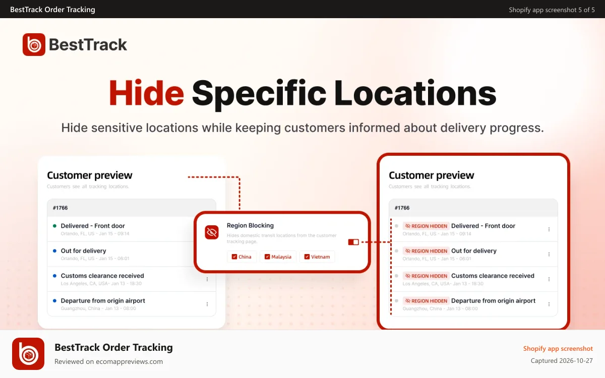 BestTrack Order Tracking Shopify app screenshot: Hide specific locations while keeping delivery progress visible