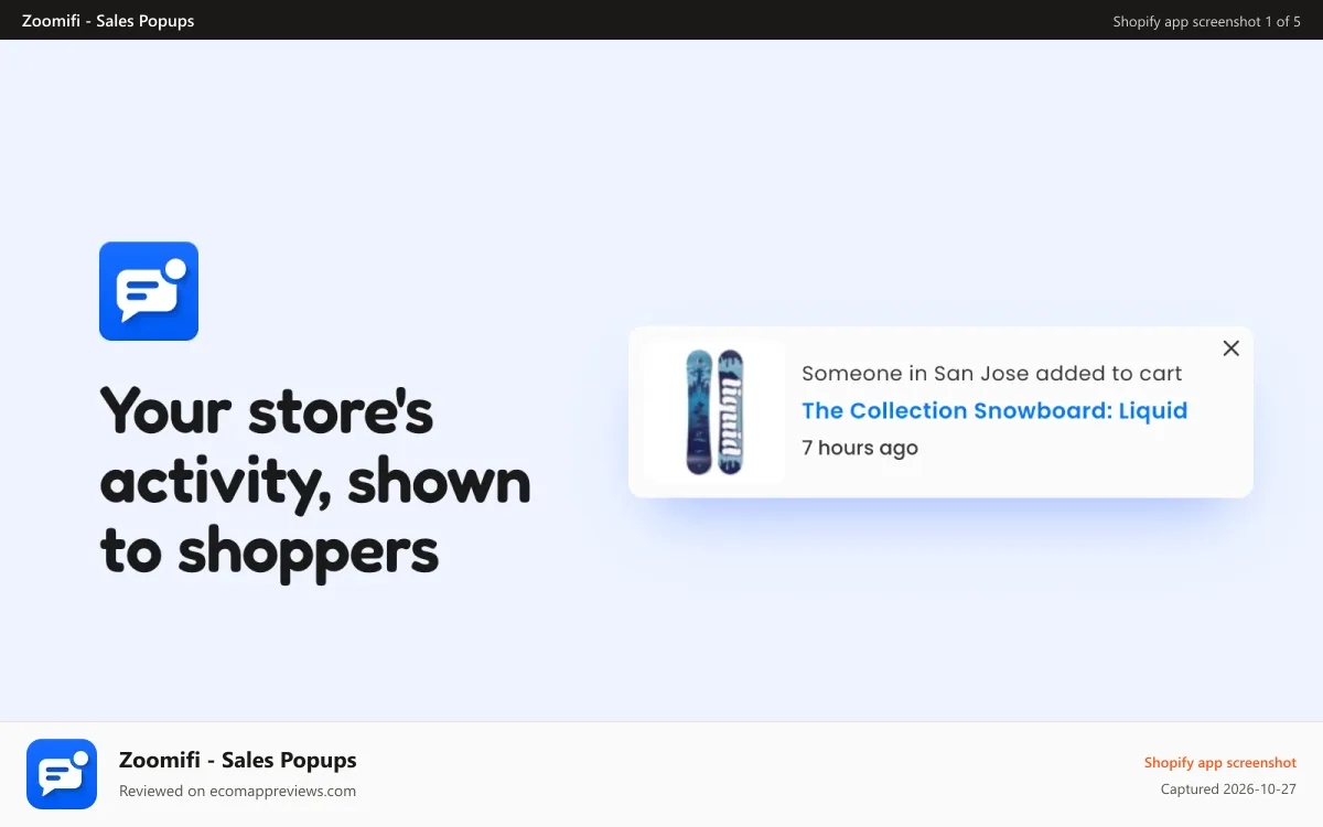 Zoomifi ‑ Sales Popups Shopify app screenshot: Sales Popups: a real add to cart popup from a store