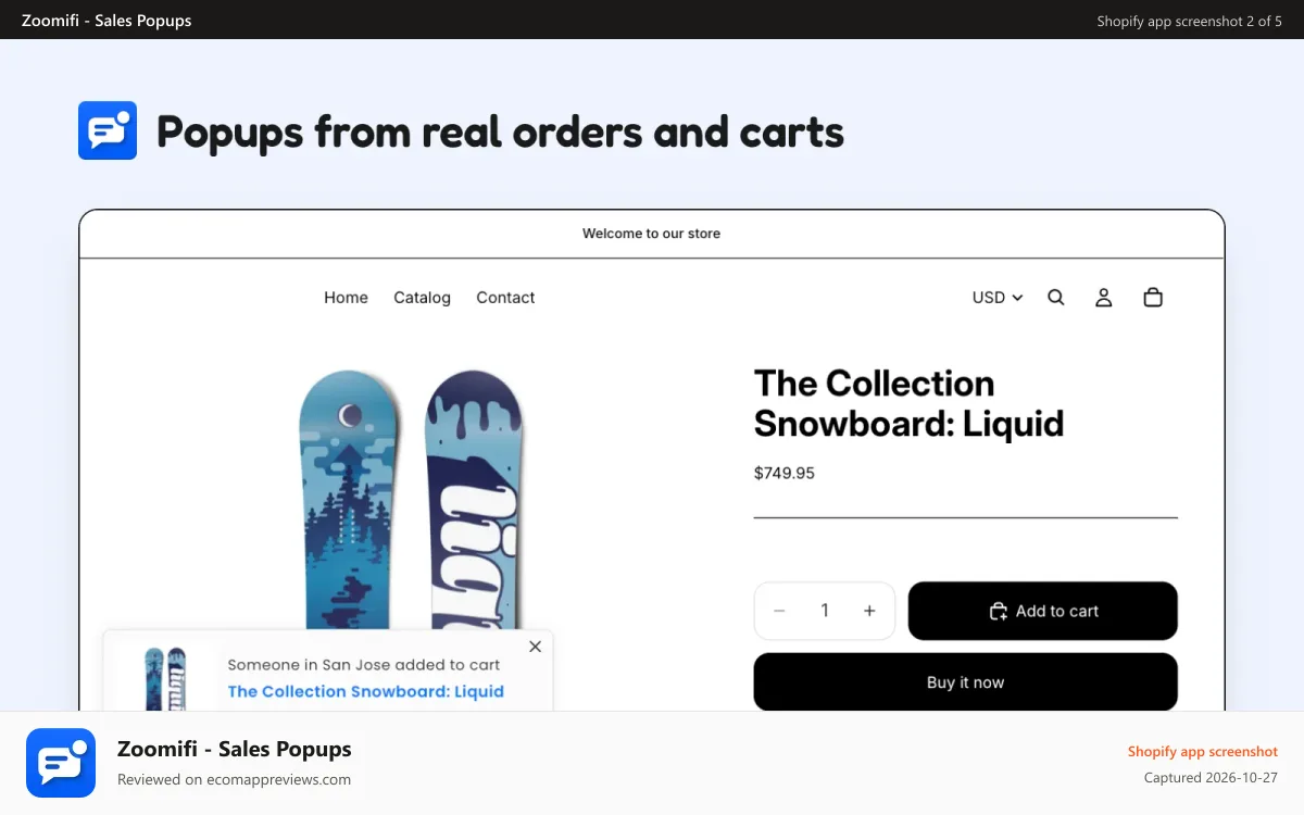 Zoomifi ‑ Sales Popups Shopify app screenshot: Sales popup on a product page: someone in San Jose added to cart