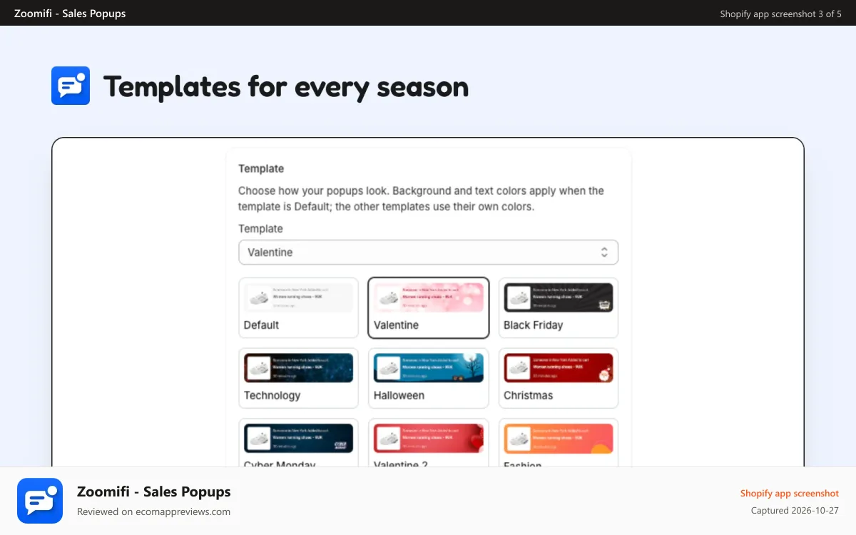 Zoomifi ‑ Sales Popups Shopify app screenshot: Template picker with seasonal, gradient and themed popup designs