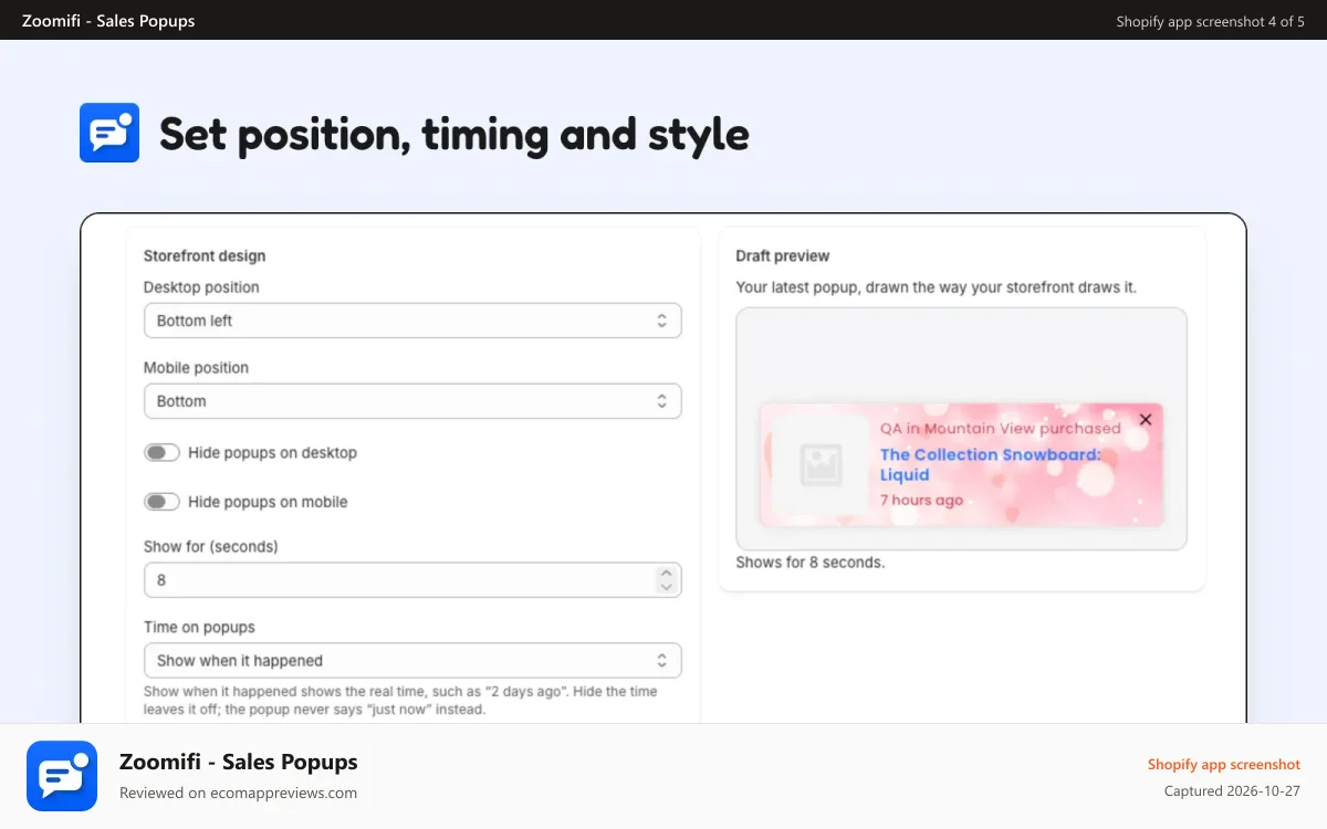 Zoomifi ‑ Sales Popups Shopify app screenshot: Design settings for position and timing beside a popup preview