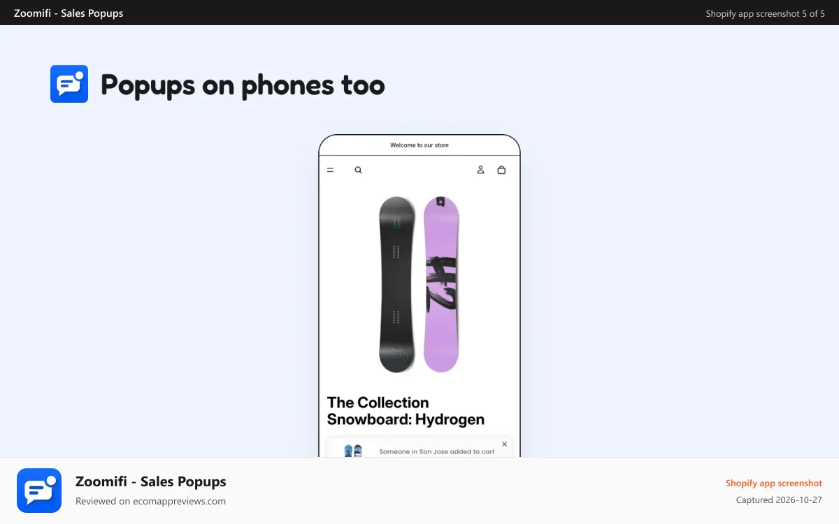 Zoomifi ‑ Sales Popups Shopify app screenshot: Sales popup at the bottom of a phone screen on a product page