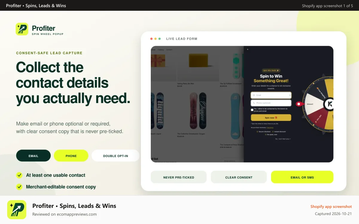 Profiter • Spins, Leads & Wins Shopify app screenshot: Collect email/mobile with a wheel that you can customize!