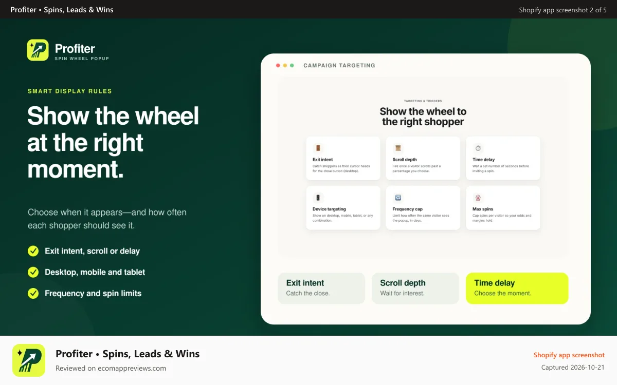 Profiter • Spins, Leads & Wins Shopify app screenshot: Choose when it appears—and how often each shopper should see it.