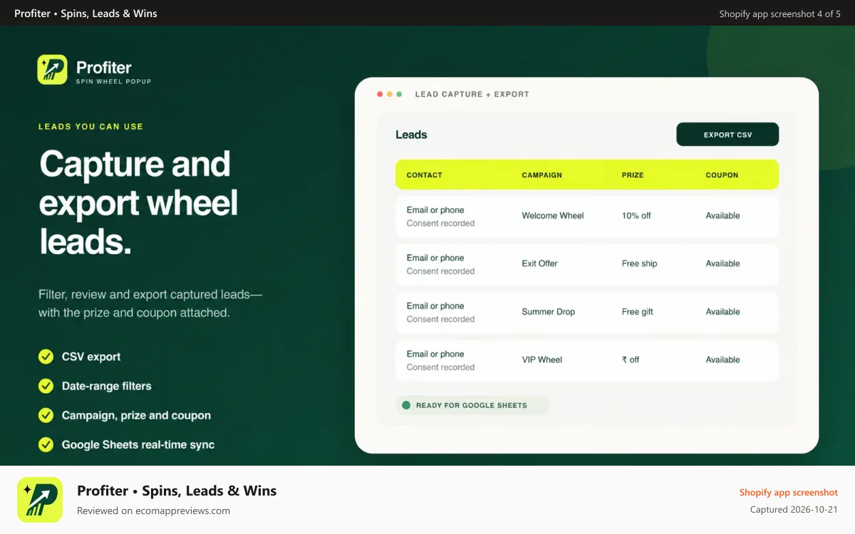 Profiter • Spins, Leads & Wins Shopify app screenshot: Google Sheets real-time sync that helps your team coordinate!