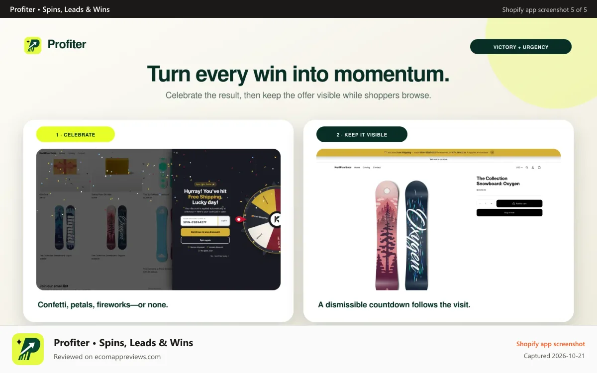 Profiter • Spins, Leads & Wins Shopify app screenshot: Confetti and more + reward reminder bar that's customizable