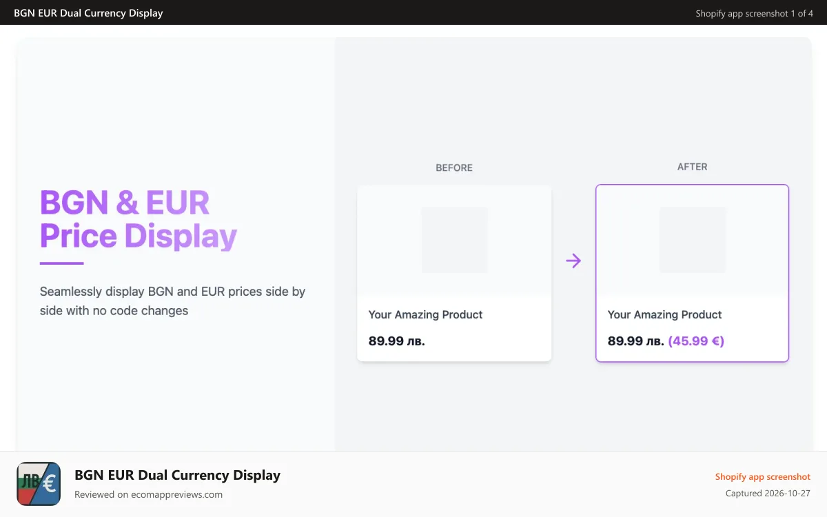 BGN EUR Dual Currency Display Shopify app screenshot: BGN & EUR Price Display