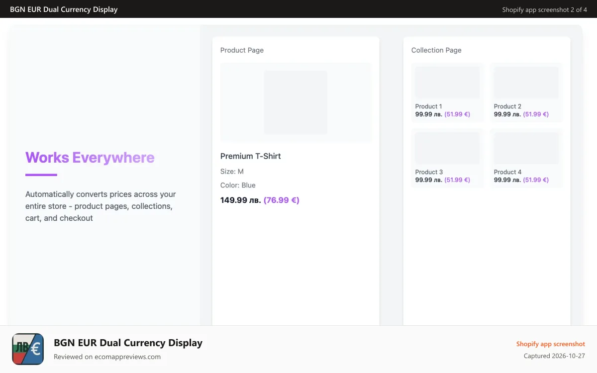 BGN EUR Dual Currency Display Shopify app screenshot: Works Everywhere