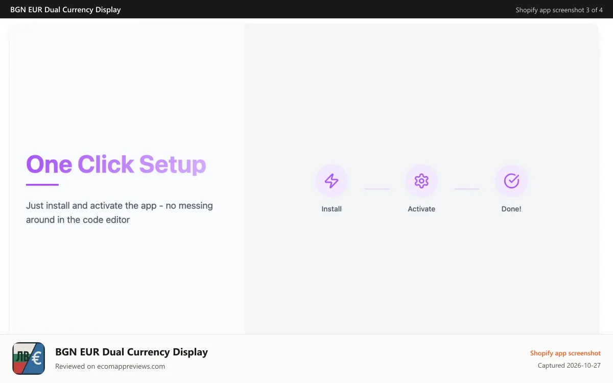 BGN EUR Dual Currency Display Shopify app screenshot: One Click Setup