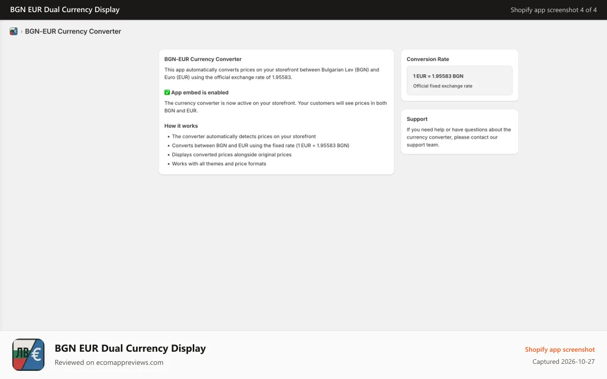BGN EUR Dual Currency Display Shopify app screenshot: App Dashboard