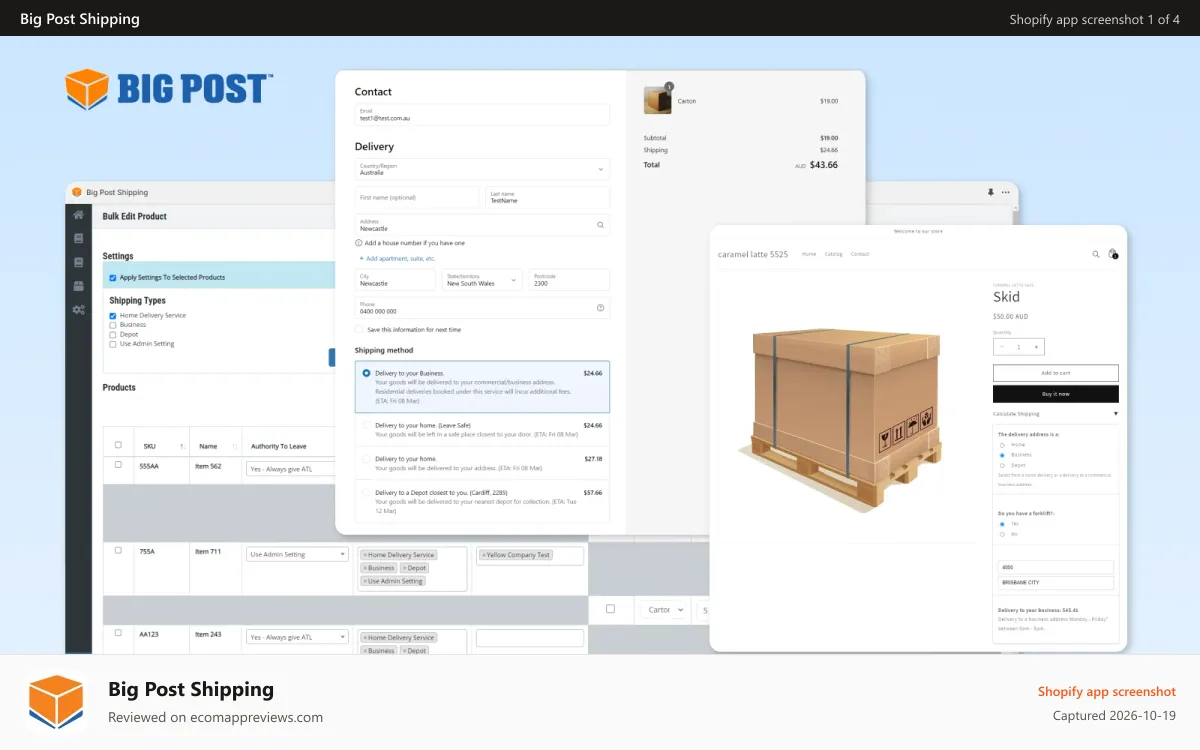 Big Post Shipping Shopify app screenshot: Product page, checkout page and bulk edit page overlapping.