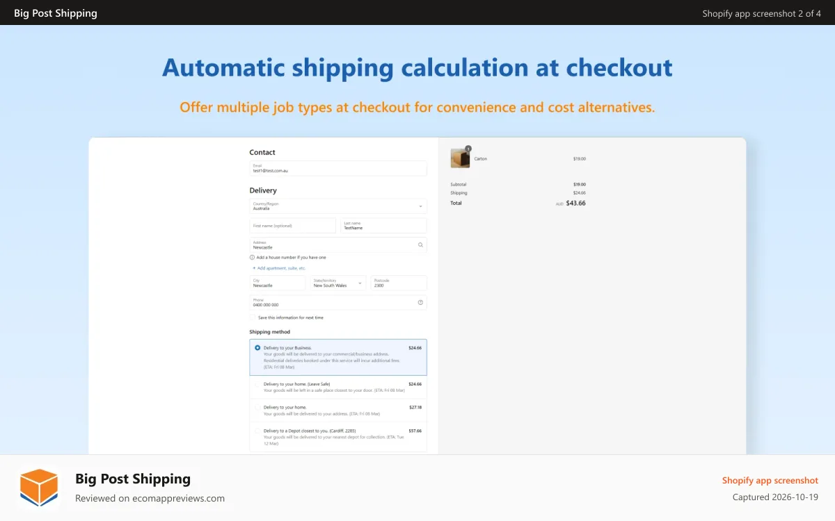 Big Post Shipping Shopify app screenshot: Displaying shipping costs automatically at checkout.