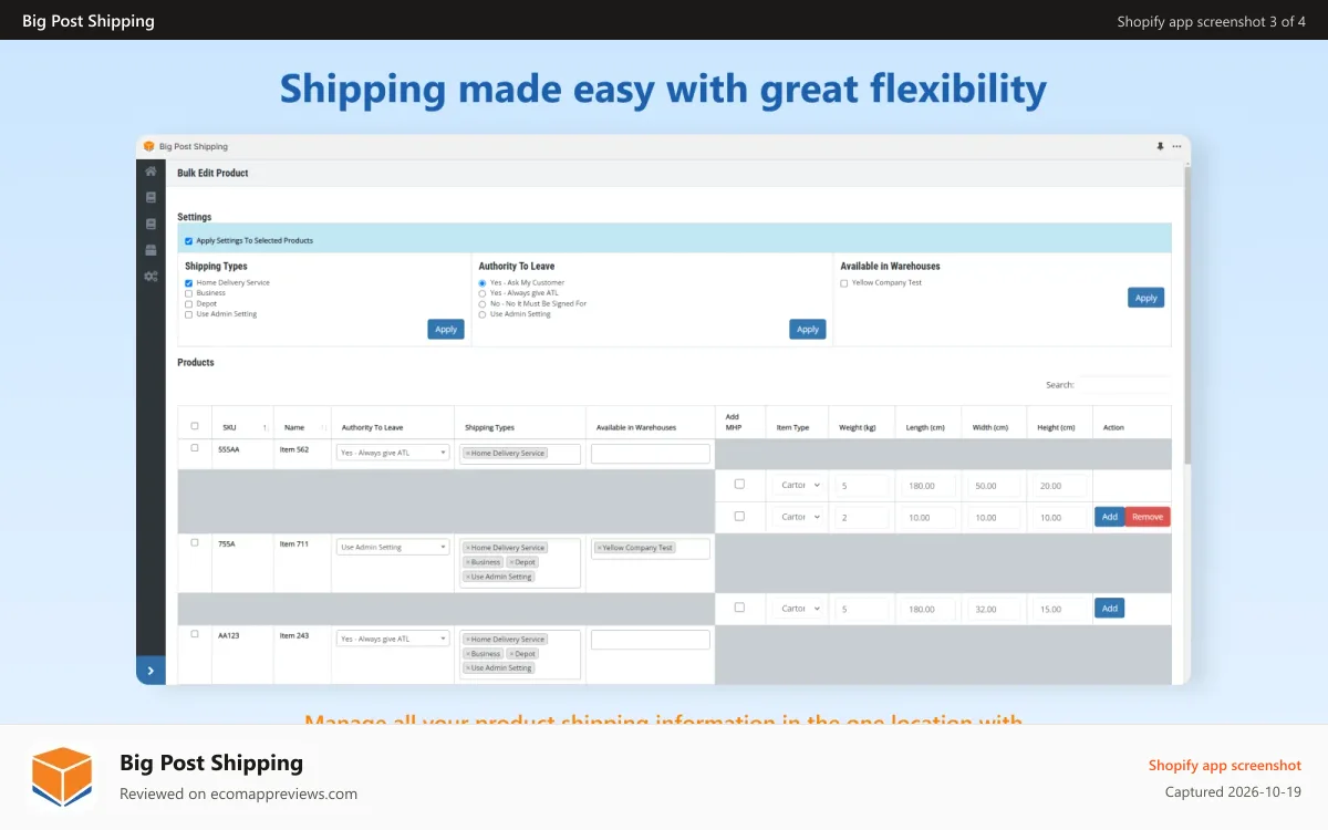 Big Post Shipping Shopify app screenshot: Managing product-specific settings and dimensions.