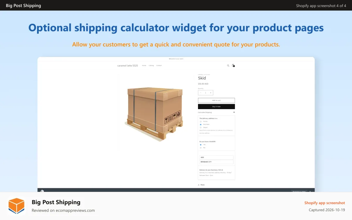 Big Post Shipping Shopify app screenshot: Optional widget for shipping calculation on product page.