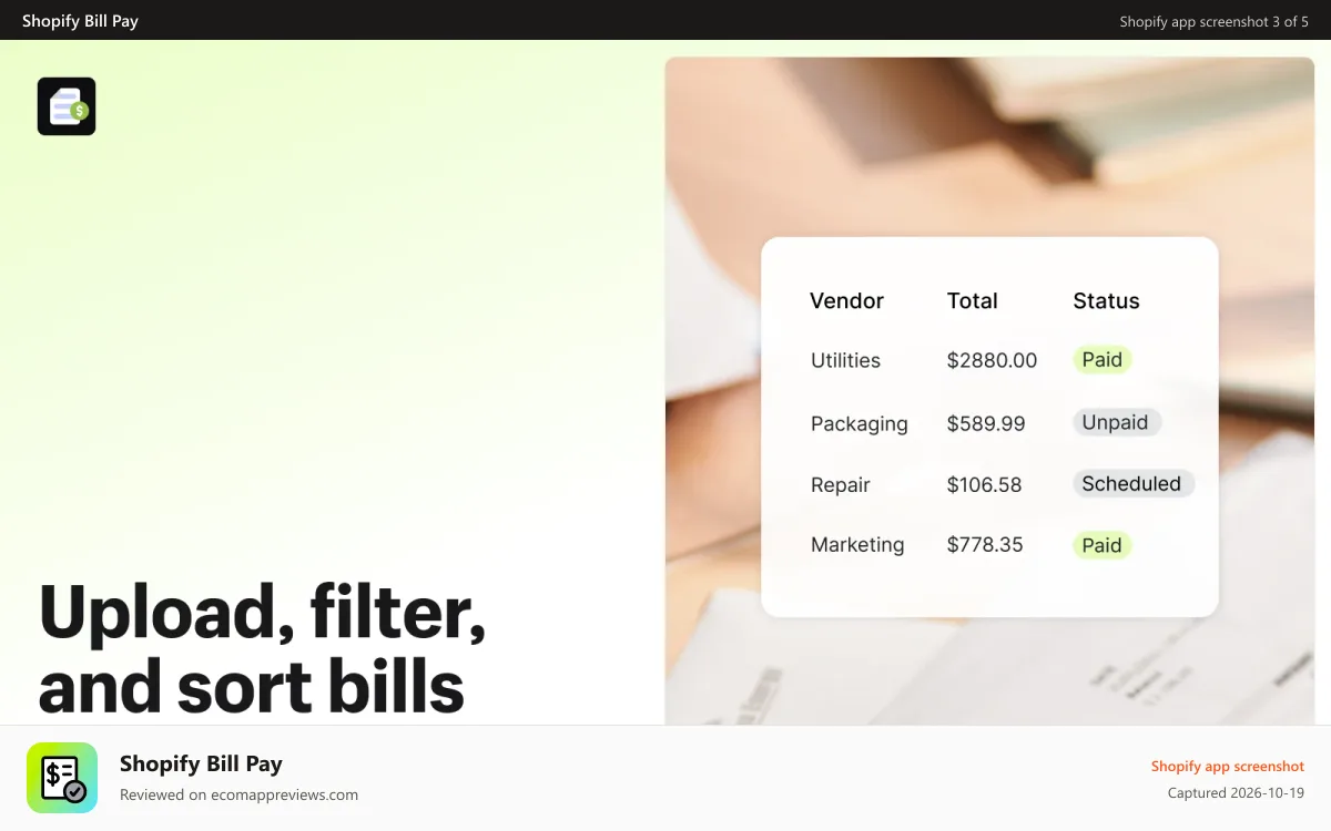 Shopify Bill Pay Shopify app screenshot: Upload, filter, and sort bills