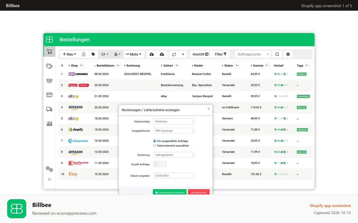 Billbee Shopify app screenshot: Billbee orders interface
