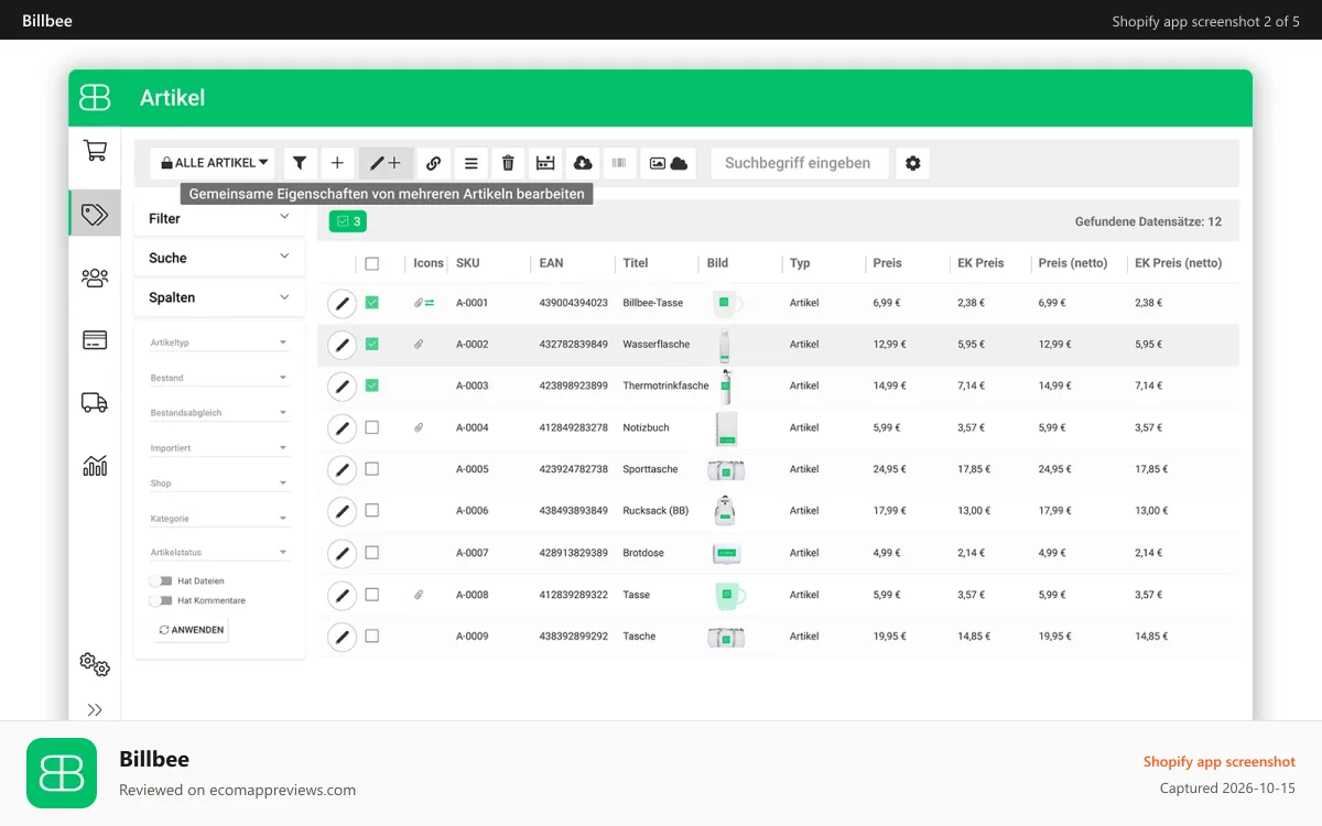 Billbee Shopify app screenshot: Billbee article management interface