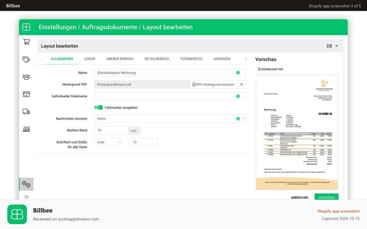 Billbee Shopify app screenshot: Billbee order documents interface