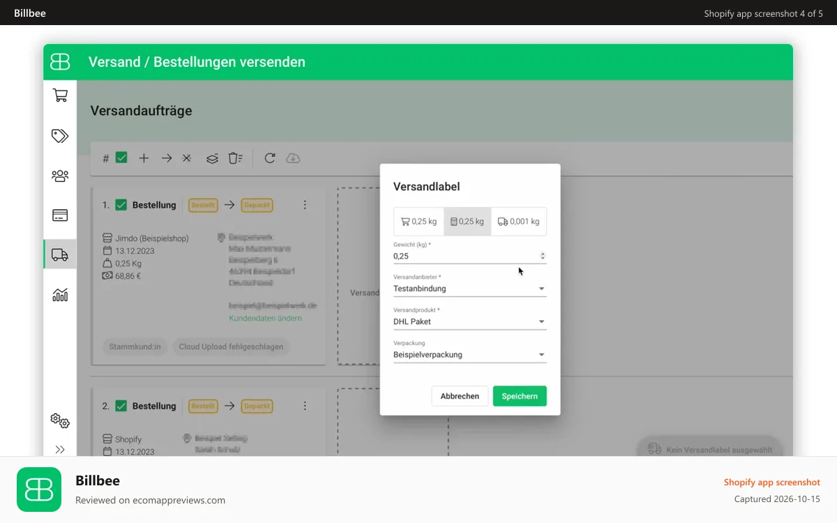 Billbee Shopify app screenshot: Billbee shipping interface