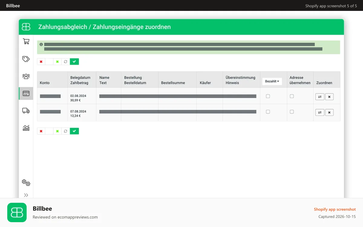 Billbee Shopify app screenshot: Billbee payment interface