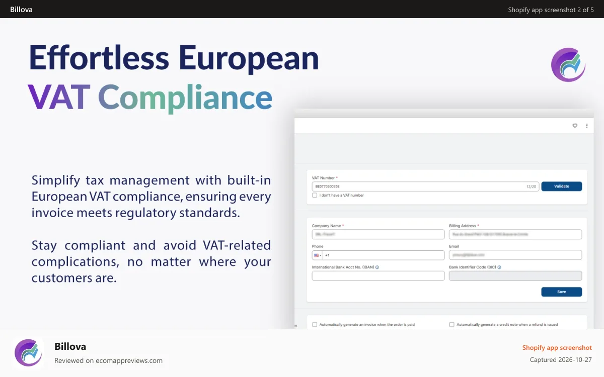 Billova Shopify app screenshot: VAT Compliance and validation