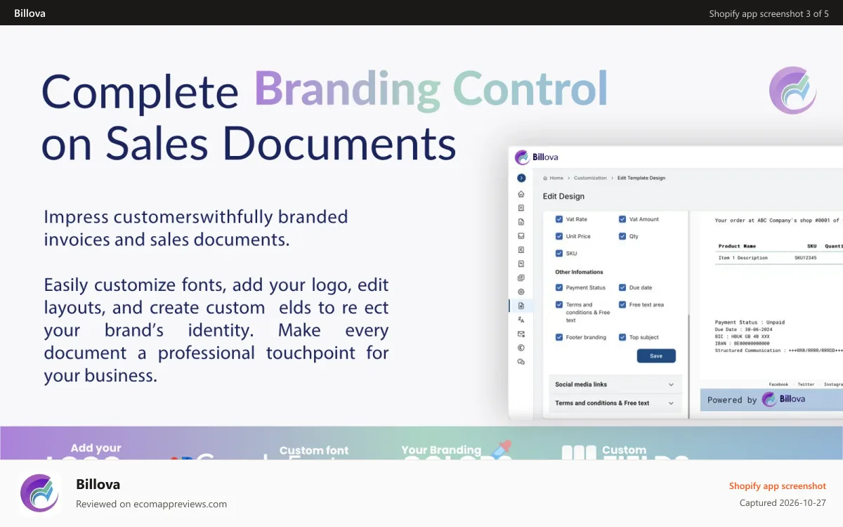 Billova Shopify app screenshot: Customisation and full branding control