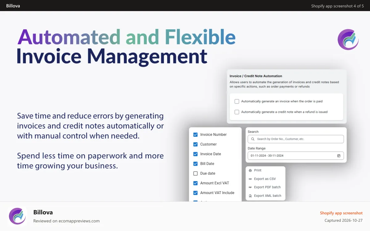 Billova Shopify app screenshot: Automated & flexible invoice management