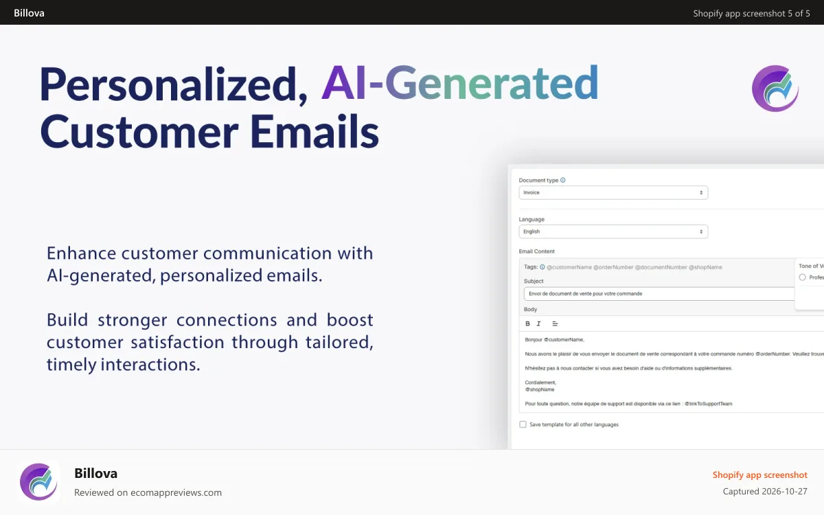 Billova Shopify app screenshot: Personalised AI generated emails for customers