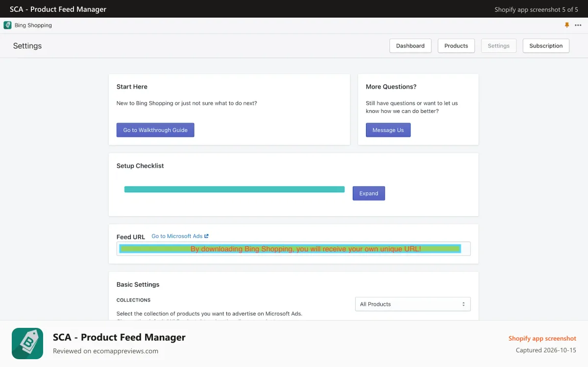 SCA ‑ Product Feed Manager Shopify app screenshot: Settings - Feed Configuration