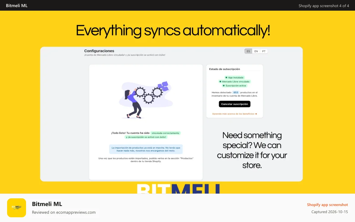 Bitmeli ML Shopify app screenshot: Activate the subscription and everything is imported. The app is