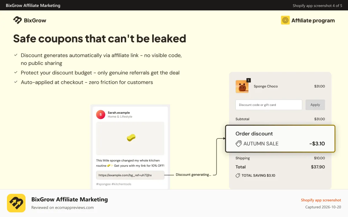 BixGrow Affiliate Marketing Shopify app screenshot: Coupon discounts locked to affiliate links, no leaking
