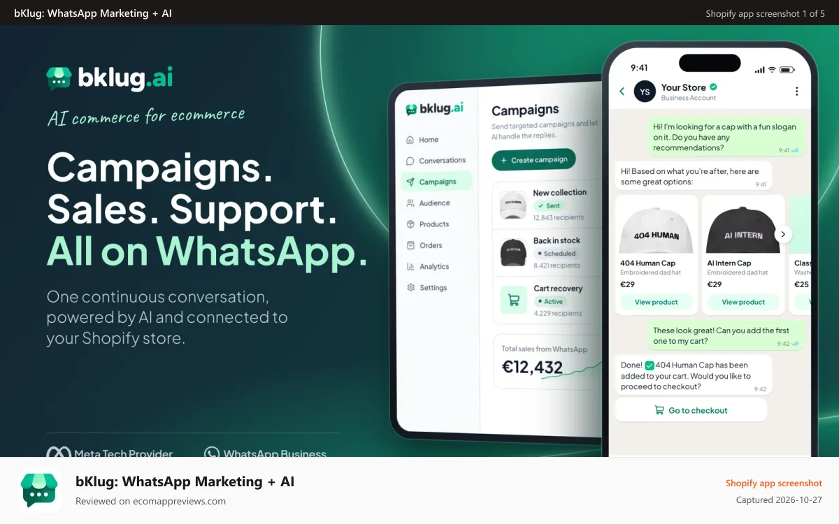 bKlug: WhatsApp Marketing + AI Shopify app screenshot: bKlug campaigns, sales and support on WhatsApp for Shopify