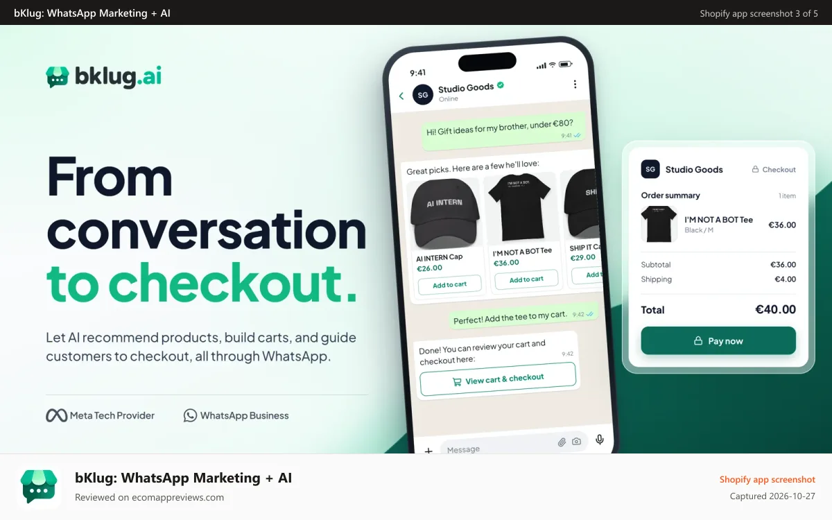bKlug: WhatsApp Marketing + AI Shopify app screenshot: AI product picks in WhatsApp leading to Shopify checkout