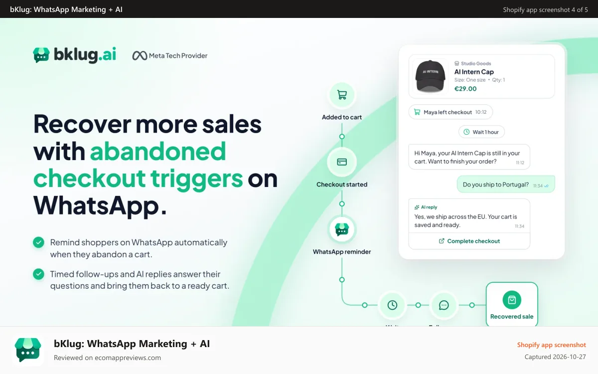bKlug: WhatsApp Marketing + AI Shopify app screenshot: Abandoned checkout reminders on WhatsApp with bKlug