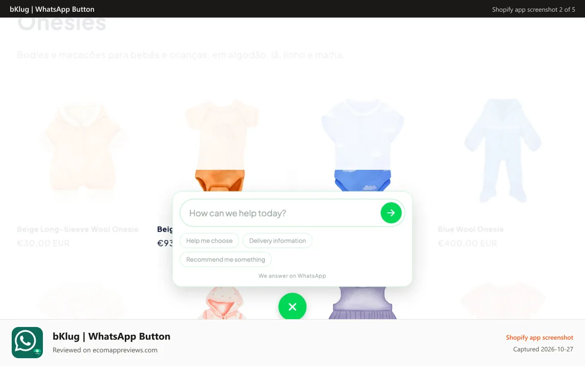 bKlug | WhatsApp Button Shopify app screenshot: WhatsApp Ask-A-Question Bar | Open