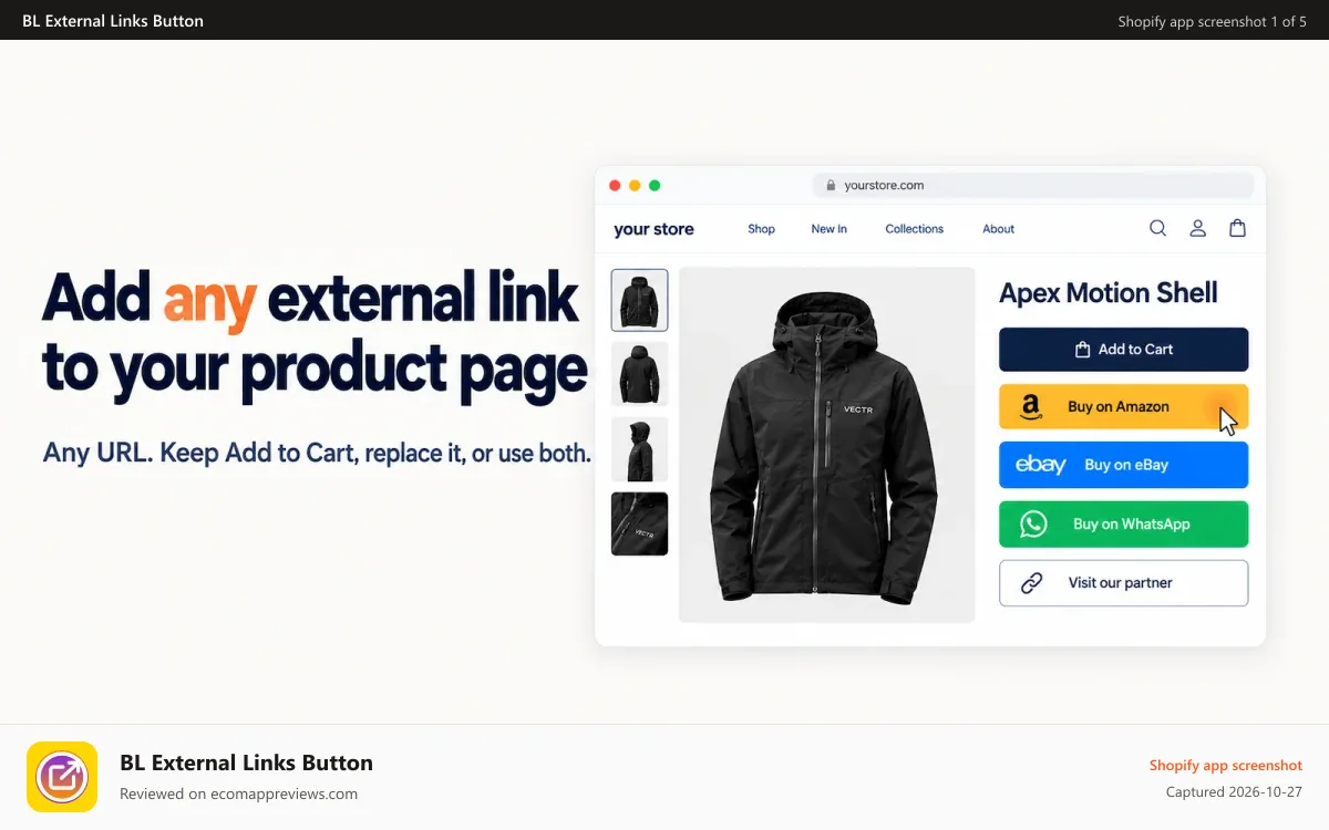 BL External Links Button Shopify app screenshot: BL External Links Button - Purchase On Affiliate Marketplace