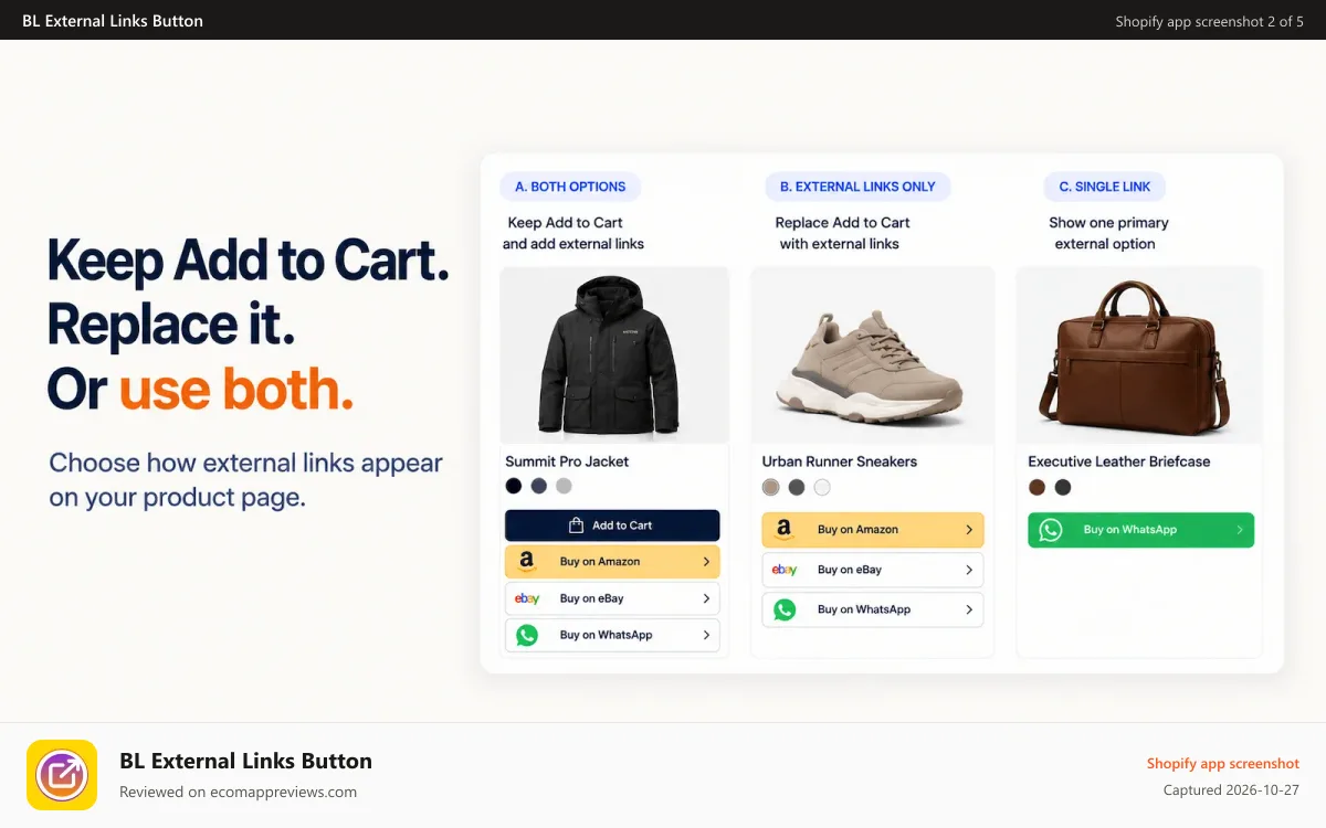 BL External Links Button Shopify app screenshot: BL External Links - Multiple Buttons On The Same Page