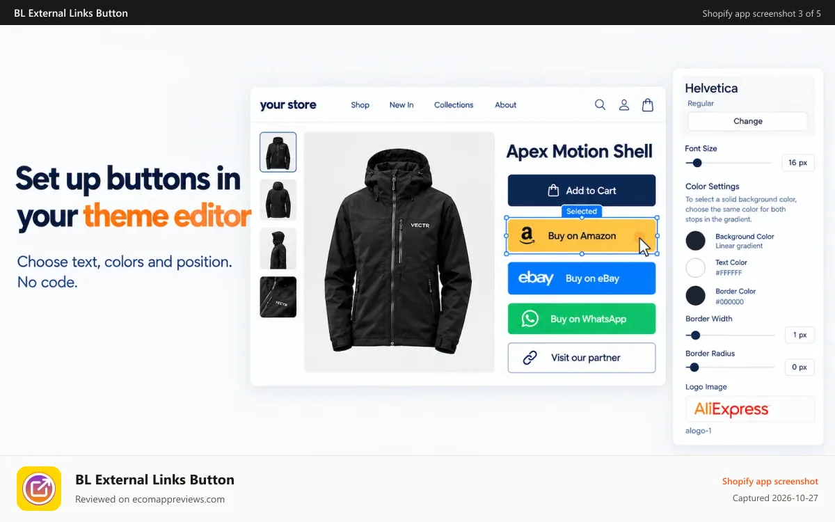 BL External Links Button Shopify app screenshot: BL External Links - Online Store 2.0 Blocks Easy Setup In Editor