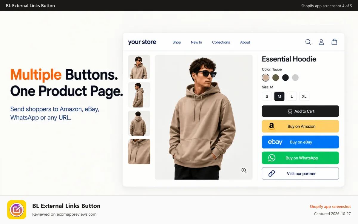 BL External Links Button Shopify app screenshot: BL External Links - Fixed / Per Product External Links Button