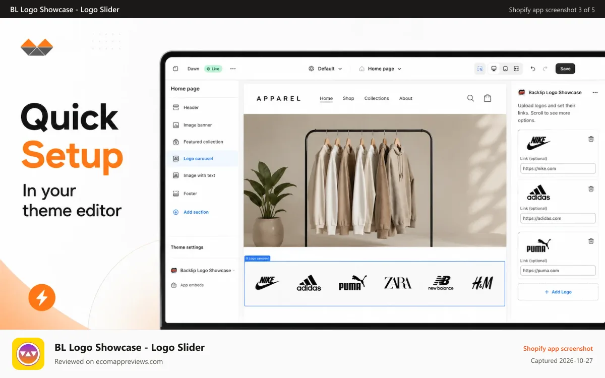 BL Logo Showcase ‑ Logo Slider Shopify app screenshot: Add the logo slider from the theme editor in minutes