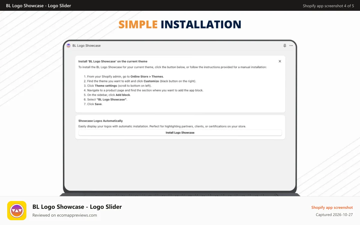 BL Logo Showcase ‑ Logo Slider Shopify app screenshot: Simple installation with no code