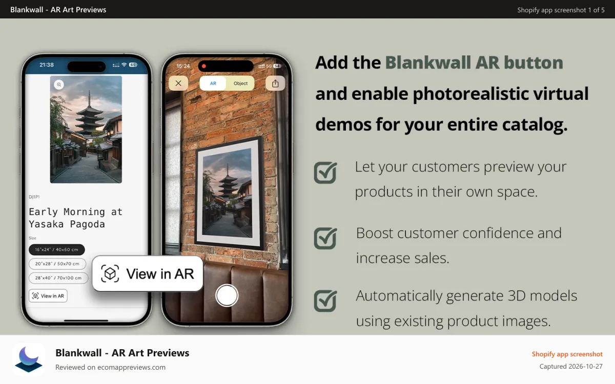 Blankwall ‑ AR Art Previews Shopify app screenshot: AR Art