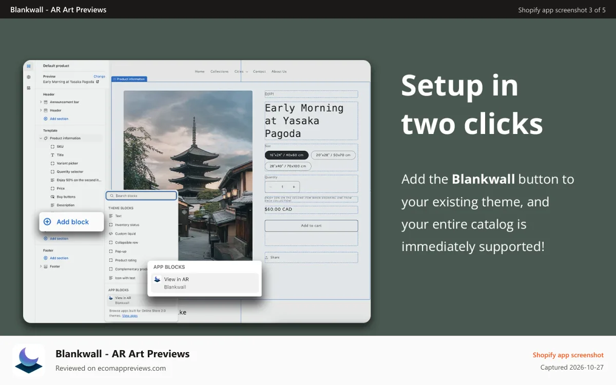Blankwall ‑ AR Art Previews Shopify app screenshot: Set up steps