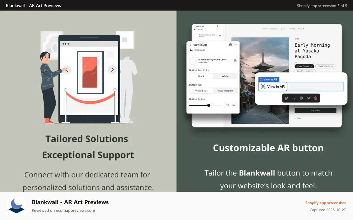 Blankwall ‑ AR Art Previews Shopify app screenshot: Support and customization