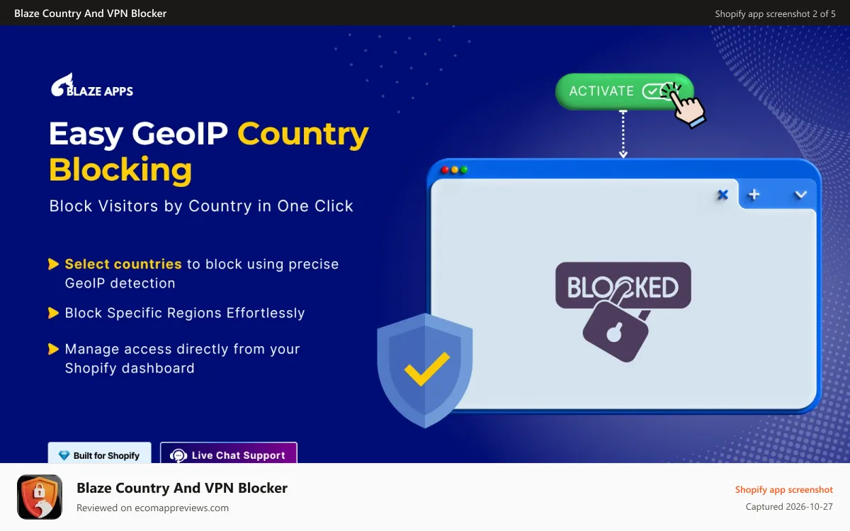 Blaze Country And VPN Blocker Shopify app screenshot: Block Countries with Blaze by just selecting country or region